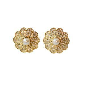 1980s Gold Plated Pave Set White Rhinestones Faux Pearl Flower Clip On Earrings
